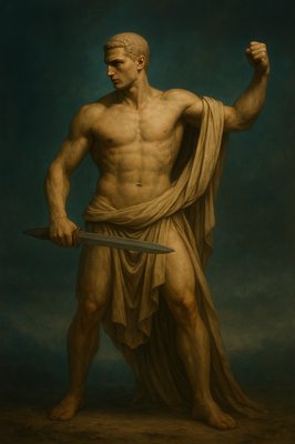 a painting of a man holding a sword
