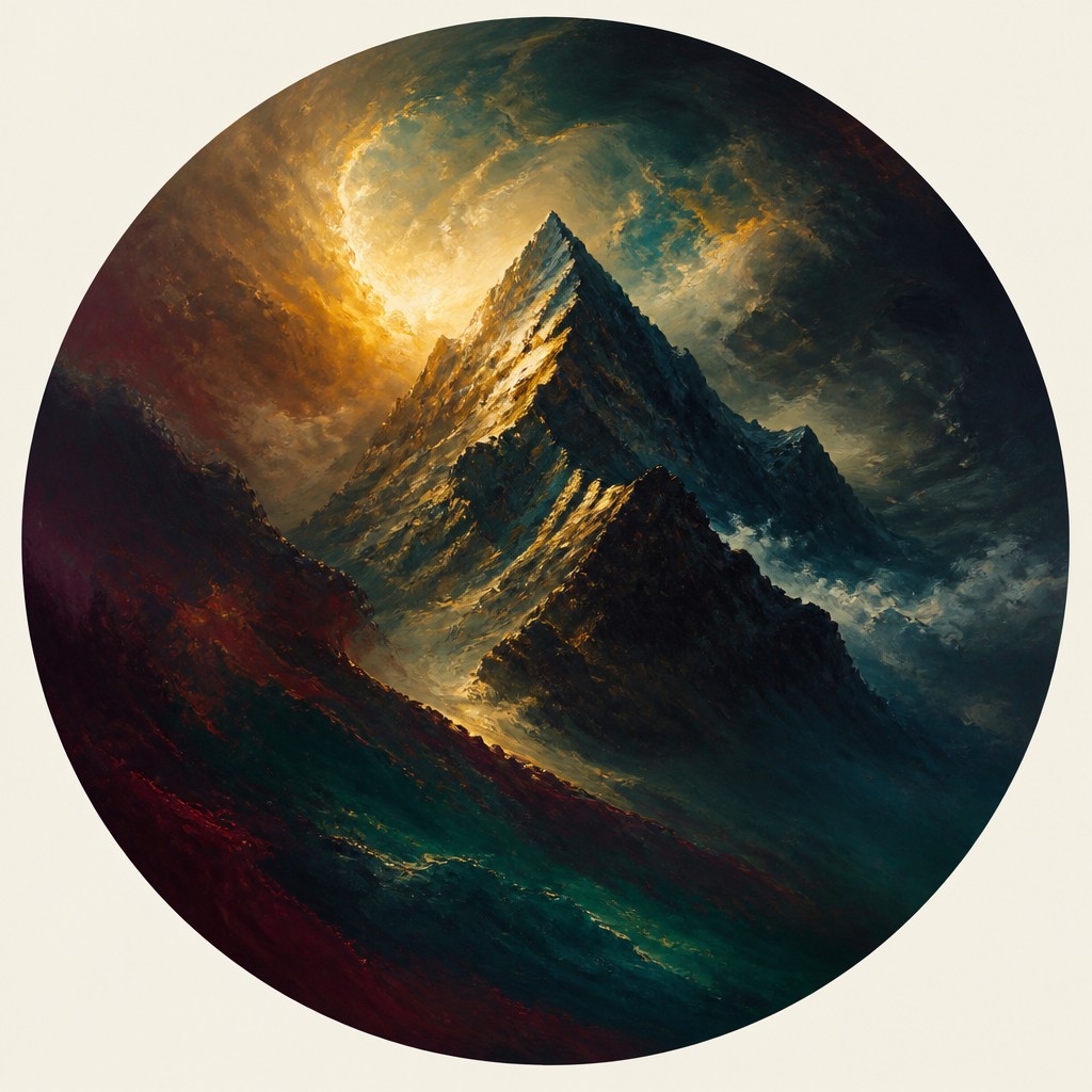 an emblem of a mountain peak inside a circle, simple bold shapes on a plain background, no text or lettering