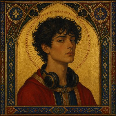 head-and-shoulders portrait of an original character: a young man with curly dark hair and headphones around his neck, plain backdrop, no text