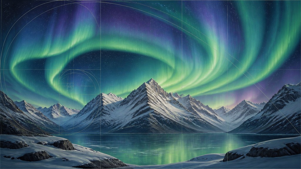 a flowing aurora over snowy peaks, wide sweeping composition, no people, no text