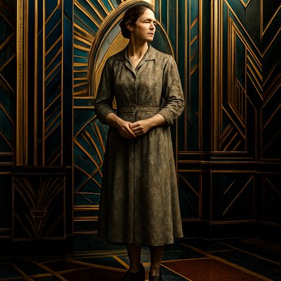 A woman dressed in Great Depression era fashion, standing in a dimly lit, humble setting. She wears a modest, long-sleeved dress made of durable, slightly faded cotton or rayon, with a mid-calf hemline. The dress is a muted color like dusty blue, faded green, or soft brown, possibly with a subtle, small floral or geometric pattern. Her hair is styled simply, perhaps in soft waves or a practical updo, and she wears sturdy, low-heeled lace-up shoes. Her posture is resilient, reflecting the strength of the era. The background is simple and sparse, hinting at the economic hardship, perhaps an old wooden wall or a faded curtain. The overall feeling is one of quiet determination and dignified hardship Use Art Deco architecture or Art Deco interior in the background, but describe the fashion as faded, worn, and humble. Juxtapose the sleek, modern geometry of the setting with the practical, mended, and heavy wool textures of the clothing.