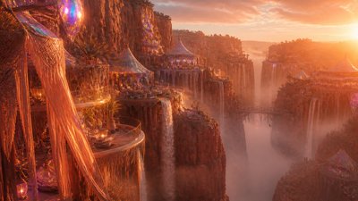 a cliffside city with waterfalls cascading into a misty canyon, wide establishing shot, no people, no text