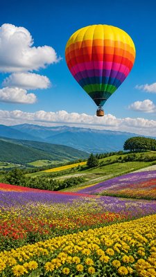 a hot air balloon drifting over rolling flower fields on a sunny day, cheerful, no text