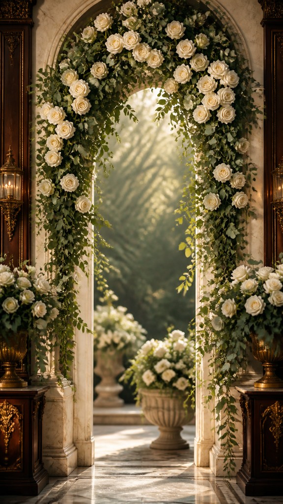 an arch of white roses and eucalyptus in soft morning light, elegant vertical composition with open space, no text