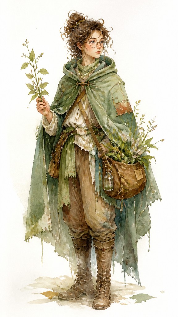 full-body original character: a wandering botanist with a satchel of plants, a patched green cloak, tall boots and round glasses, neutral background