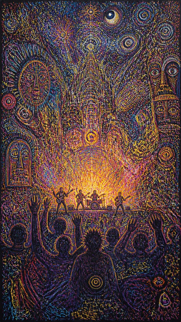 a live music scene with a glowing stage and silhouetted crowd, energetic vertical composition with open space at the top, no text