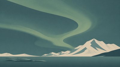 a flowing aurora over snowy peaks, wide sweeping composition, no people, no text