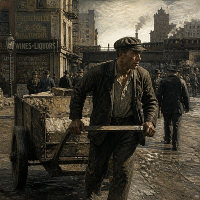 urban street with city activity — Social Realism Art Style