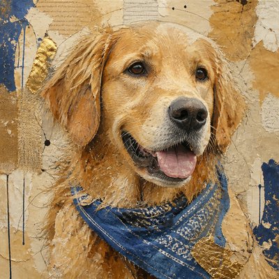 portrait of a golden retriever wearing a blue bandana, warm plain backdrop, no text