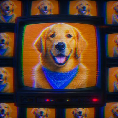 portrait of a golden retriever wearing a blue bandana, warm plain backdrop, no text
