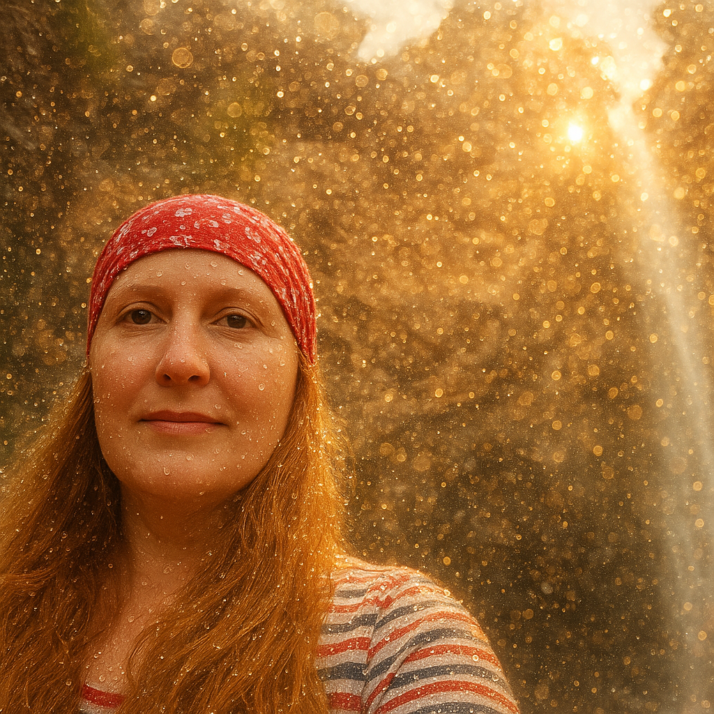 a woman wearing a red bandana standing in front of a waterfall
