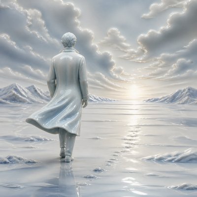 a solitary figure walking toward a glowing horizon across an empty plain, moody atmosphere, no text or lettering