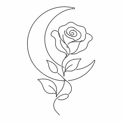a rose entwined with a crescent moon, clean balanced composition on a plain background, no text