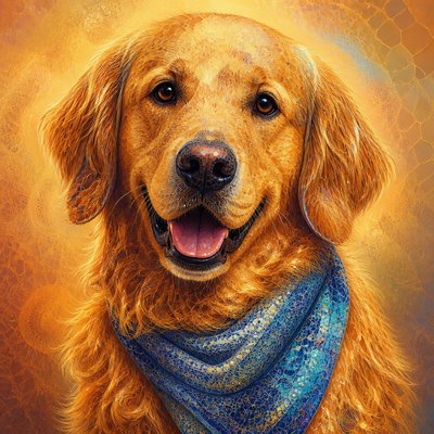 portrait of a golden retriever wearing a blue bandana, warm plain backdrop, no text