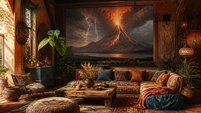 an erupting volcano with lightning strikes, dramatic wide composition, no text