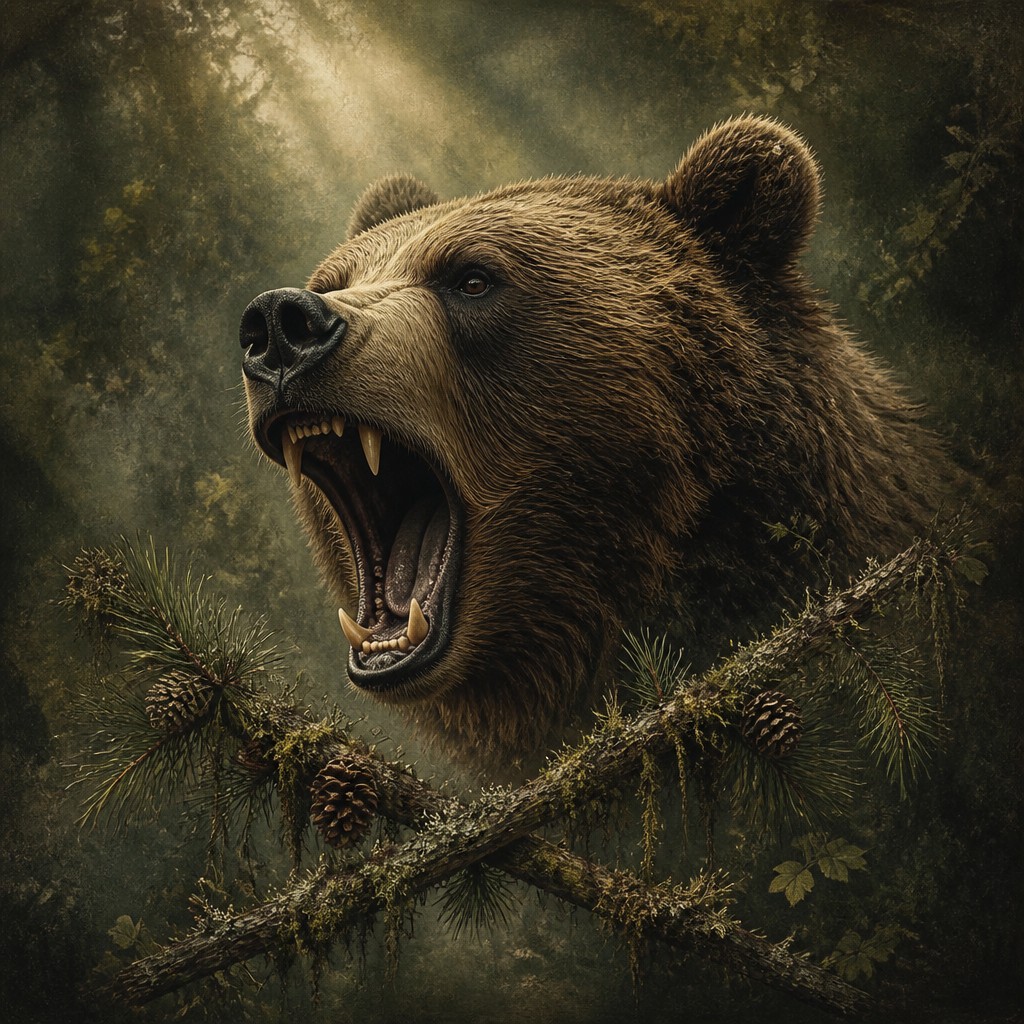 a roaring bear head above crossed pine branches, bold graphic composition on a plain background, no text