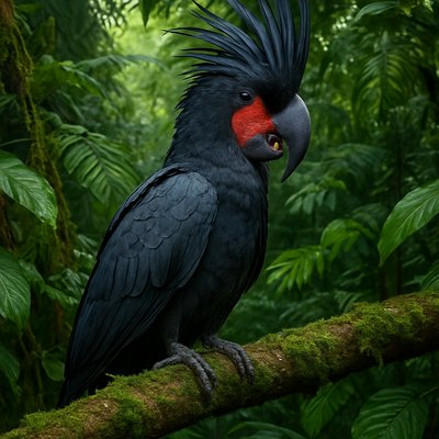 Photorealism Art Style, a magnificent Palm Cockatoo perched majestically on a thick, moss-covered tree branch in its natural environment. Its dramatic, charcoal-black plumage is highlighted, revealing subtle textures, and its distinctive large, fanned crest is partially raised. The bright red cheek patches are vibrant against its dark feathers. The cockatoo is set within a dense, lush tropical rainforest canopy, with vibrant green foliage, exotic leaves, and glimpses of deep jungle shadows in the background. Soft, dappled sunlight filters through the leaves, creating natural highlights on the bird and its surroundings. Focus on intricate feather details, the vivid red of its face, and the rich, humid atmosphere of the rainforest.