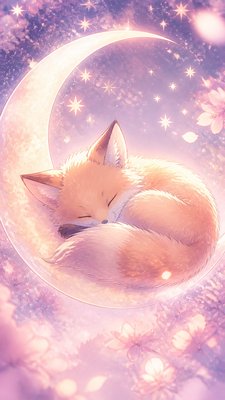 a sleeping baby fox curled on a crescent moon among soft stars, gentle and warm, no text
