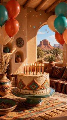 a birthday cake with lit candles surrounded by balloons and confetti, festive vertical composition, no text