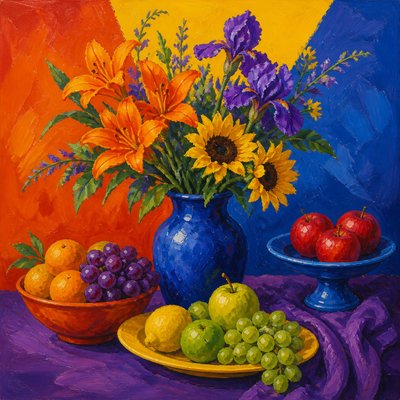 still life arrangement of fruits and flowers