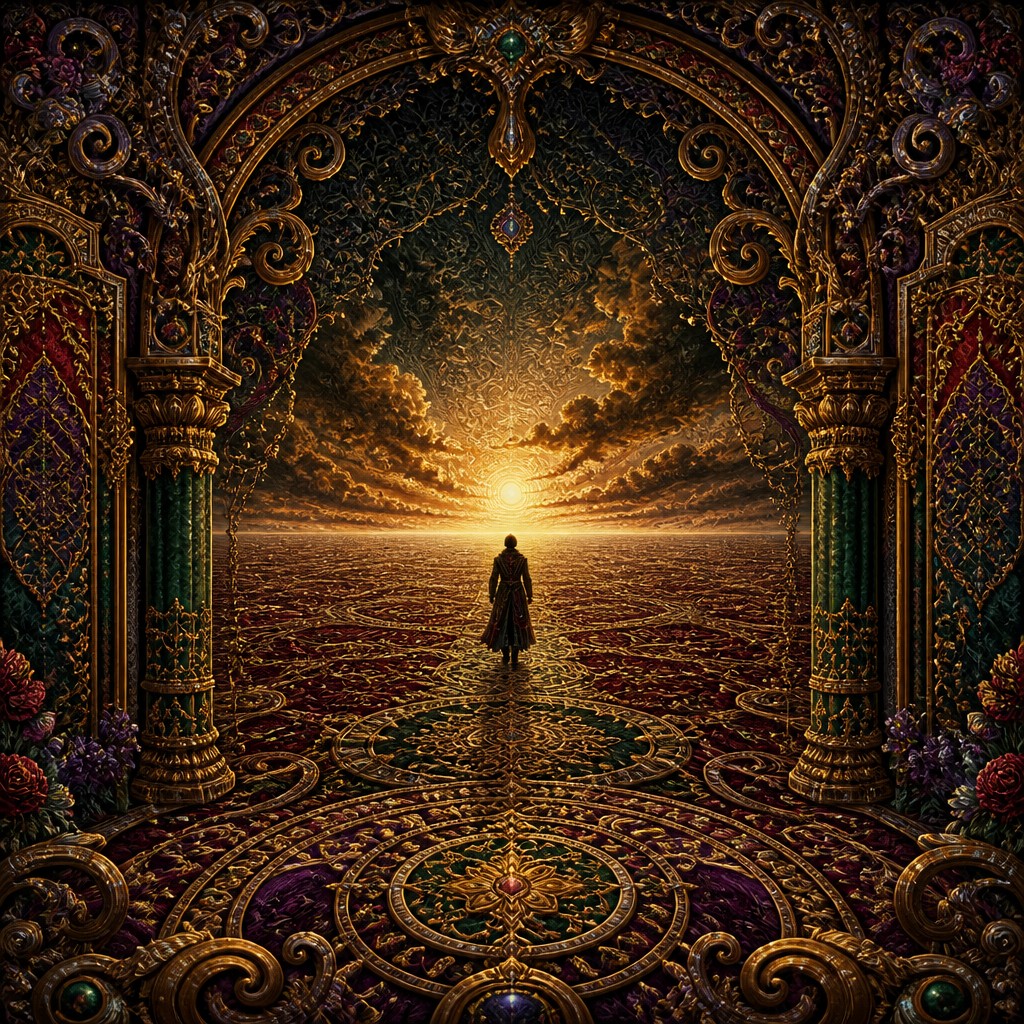 a solitary figure walking toward a glowing horizon across an empty plain, moody atmosphere, no text or lettering