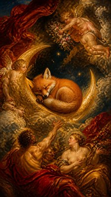 a sleeping baby fox curled on a crescent moon among soft stars, gentle and warm, no text