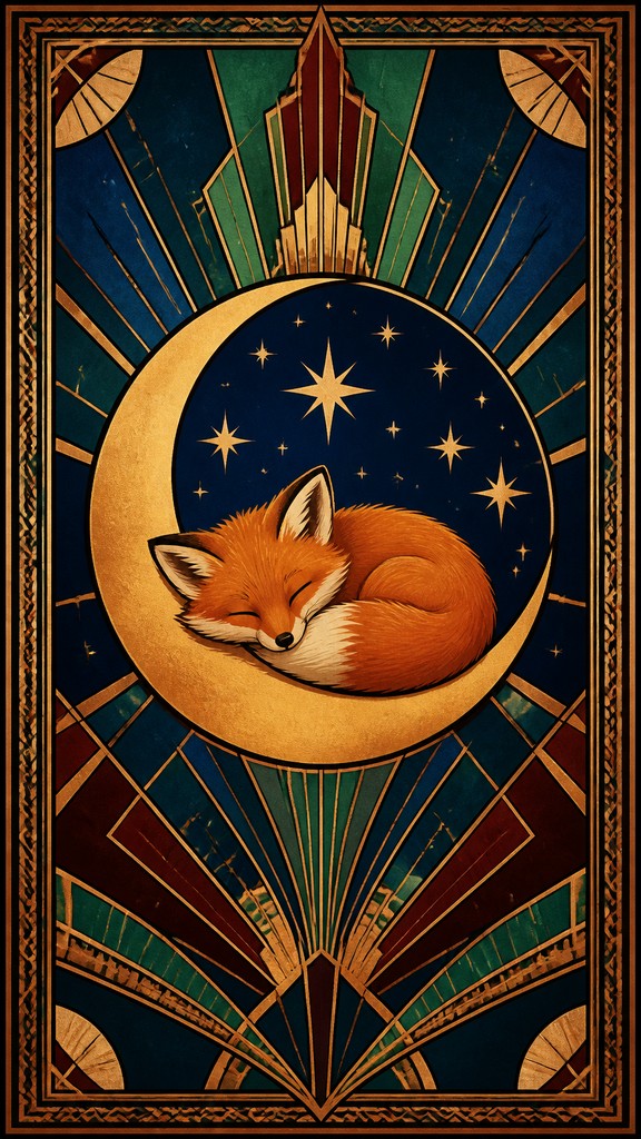a sleeping baby fox curled on a crescent moon among soft stars, gentle and warm, no text