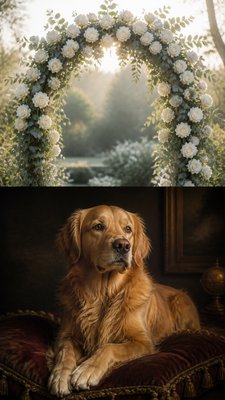 an arch of white roses and eucalyptus in soft morning light, elegant vertical composition with open space, no text