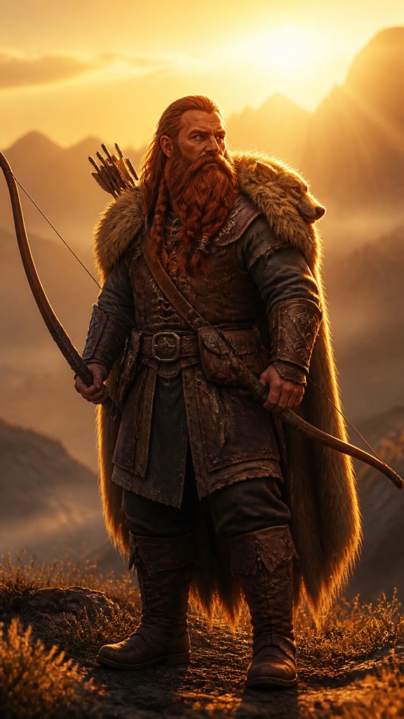 full-body original character: a dwarven ranger with a braided auburn beard, worn leather armor, a longbow and a wolf-pelt cloak, neutral background, no text