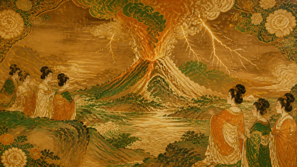 an erupting volcano with lightning strikes, dramatic wide composition, no text