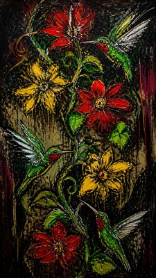 a climbing vine of flowers and hummingbirds on a dark background, tall wrapping composition, no text