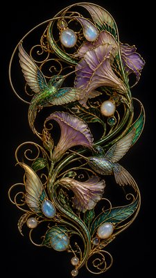 a climbing vine of flowers and hummingbirds on a dark background, tall wrapping composition, no text