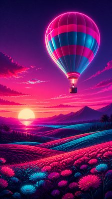 a hot air balloon drifting over rolling flower fields on a sunny day, cheerful, no text