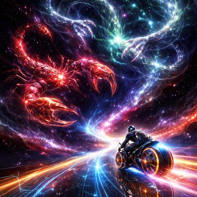 Neon-Futurism Digital Art Style, Bioluminescent Sci-Fi Cosmic Setting. A sleek, futuristic scene set deep in the interstellar void, with absolutely no Earth terrain, asphalt, or atmosphere visible. The Path (The Ecliptic): The "road" is a floating, translucent highway constructed entirely of glowing blue and orange laser grids and condensed stardust, arcing through infinite dark space with dynamic curves. The Rider: A lone rider on a futuristic, hubless "light-cycle" sportbike speeds along this cosmic path at high velocity. The rider is fully encased in a sleek, glowing armored suit with an integrated full-face helmet, leaving a vibrant neon light trail behind them, evading danger with sharp maneuvers. The Constellation (Intense Scorpio and Ophiuchus): Dominating and towering overhead is the immense celestial symbol of Scorpio: a massive, menacing scorpion made of deep crimson glowing stars, luminous energy threads, and bioluminescent nebula plasma, with razor-sharp claws extended and a long curved tail with a glowing stinger poised to strike downward. Directly intertwined and looming even larger above is the abstract form of Ophiuchus, the Serpent Bearer—no full humanoid figure, but represented by powerful restraining arms of shimmering silver and emerald stardust energy that grip and coil around the great serpent (a huge, writhing, translucent serpent of deep green and indigo nebulae). The serpent's body twists through the scene, partially merging with or being restrained from the scorpion's stinger, creating a dramatic overhead struggle. The floating cosmic highway arcs directly under this chaotic overhead clash, so the rider speeds beneath the extended claws of Scorpio while evading their grasp, passing through the shadows of the restrained serpent and Ophiuchus's holding energy as if threading a needle of peril and balance. Radiating intense deep red, crimson, emerald, indigo, and silver lights against the swirling nebula-filled void. Ultra-detailed, cinematic tension, sense of motion and imminent danger.

