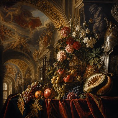 still life arrangement of fruits and flowers