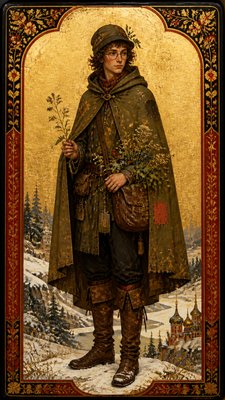 full-body original character: a wandering botanist with a satchel of plants, a patched green cloak, tall boots and round glasses, neutral background