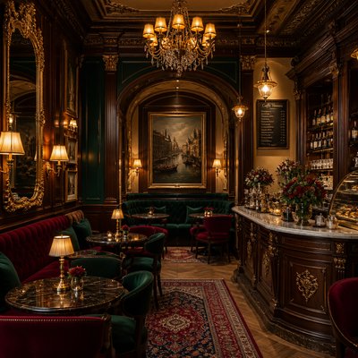 cozy cafe interior with warm lighting
