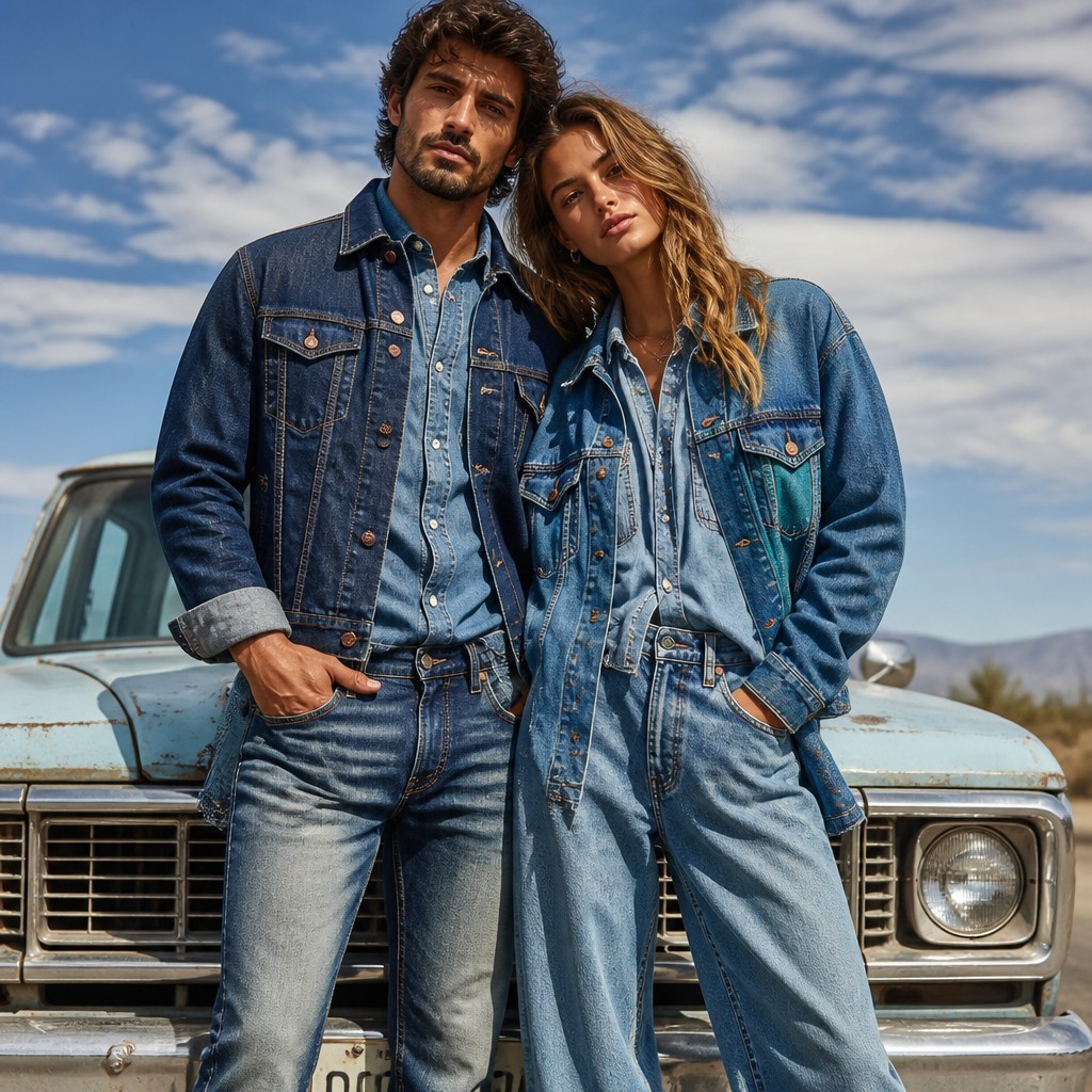 portrait of two people together — Denim-on-Denim Fashion Style