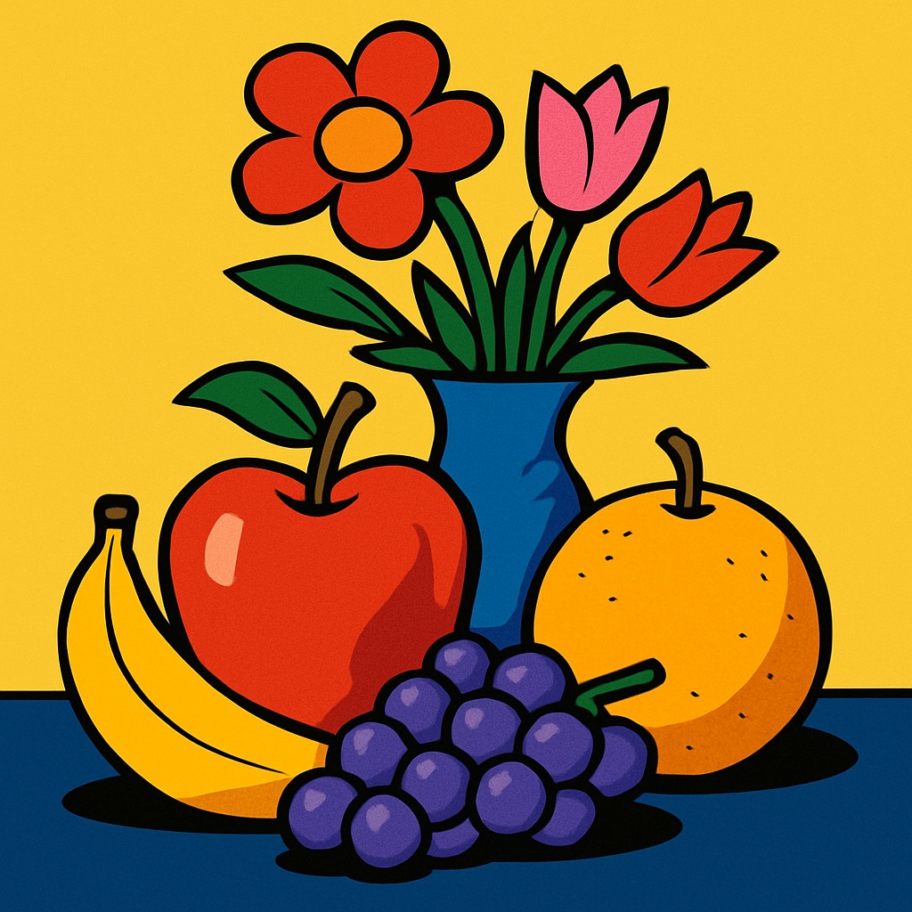 still life arrangement of fruits and flowers
