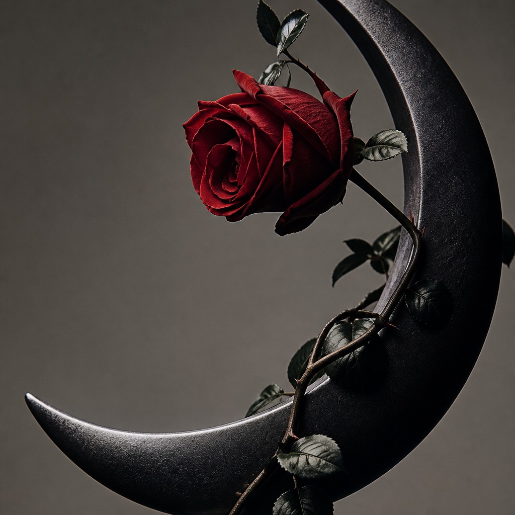 a rose entwined with a crescent moon, clean balanced composition on a plain background, no text