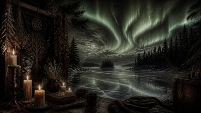 a sweeping aurora over a frozen lake, no people