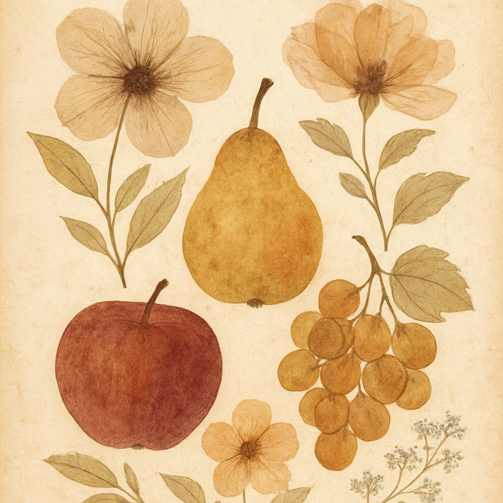 still life arrangement of fruits and flowers