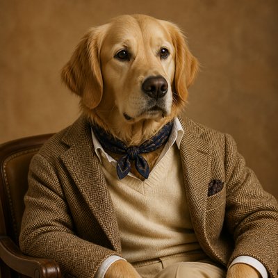 portrait of a golden retriever wearing a blue bandana, warm plain backdrop, no text