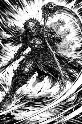 a black and white drawing of a demon holding a sword
