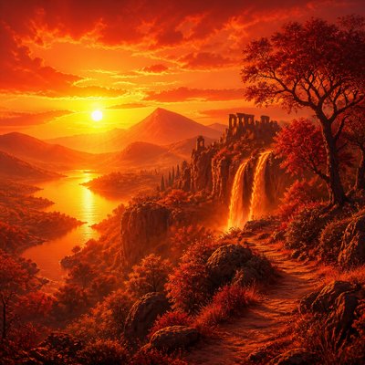 wide landscape with natural scenery — Warm Palette Art Style