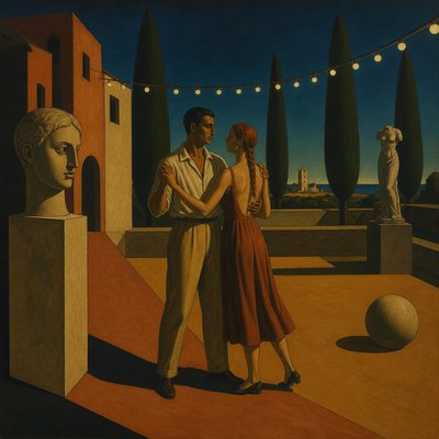 an original couple dancing under string lights in a garden at dusk: a man with short black hair in a linen shirt and a woman with braided red hair in a summer dress