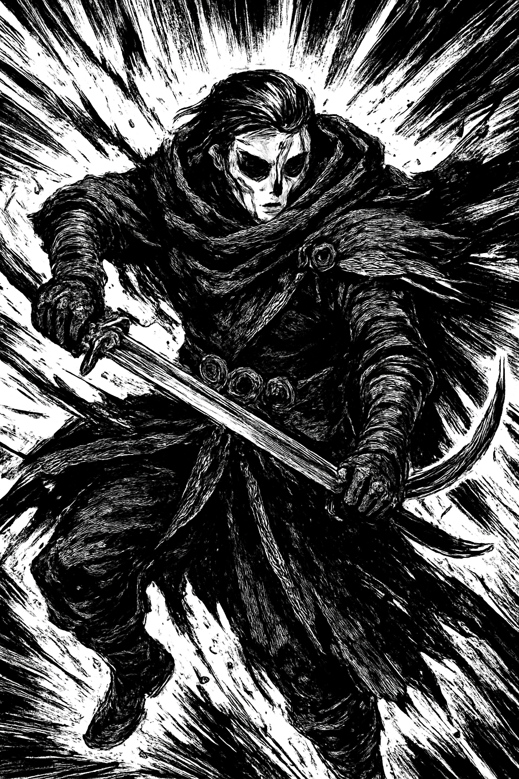 a black and white drawing of a man with a sword
