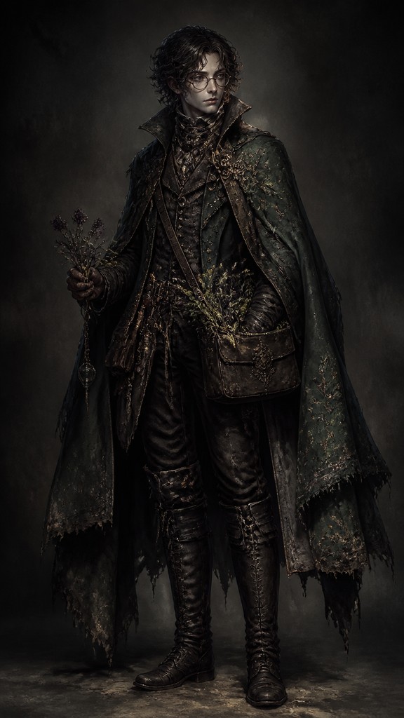 full-body original character: a wandering botanist with a satchel of plants, a patched green cloak, tall boots and round glasses, neutral background