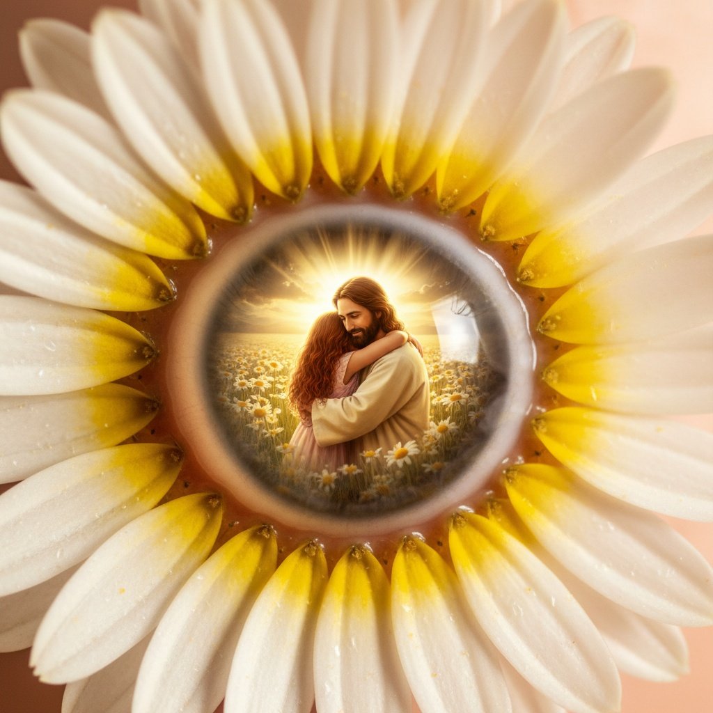 A close up of an eye. Around the eye are daisy petals - as if the eye is the center of the daisy with the soft yellow lining the eye. In the pupil there is a field of daisies and picture of Jesus hugging a little girl with long red hair, her arms around His neck, close-up view, macro perspective, joyful mood, golden hour color palette, god rays lighting, rule of thirds composition, masterpiece, best quality, ultra detailed, sharp focus, highly detailed