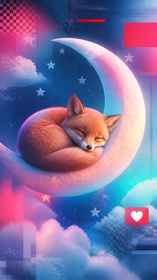 a sleeping baby fox curled on a crescent moon among soft stars, gentle and warm, no text